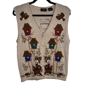 Vintage One Resource Beige Button-Up Sweater Vest Birdhouse Embroidered Sz S